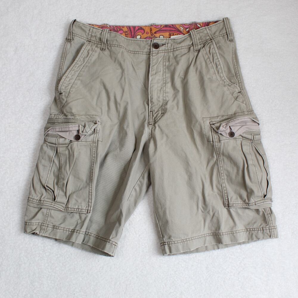 Hollister Y2K Cargo Shorts Mens 34 Beige Baggy Skater Streetwear Utility Core